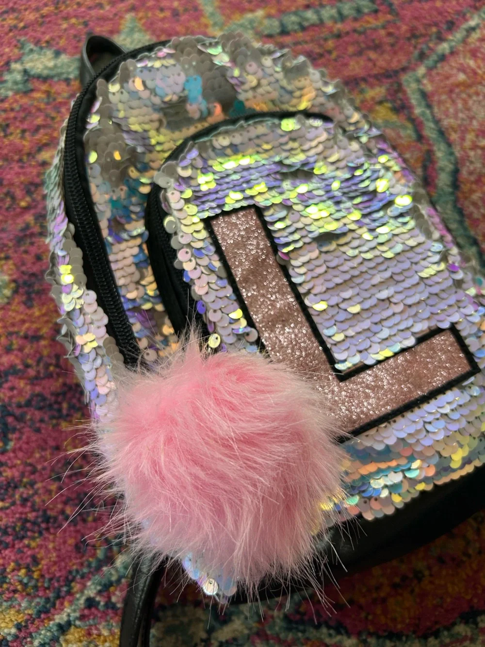 Justice | Girls Iridescent Sequin Mini Backpack with Pink Pom Pom and Letter L